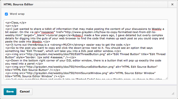 HTML Source Editor Window